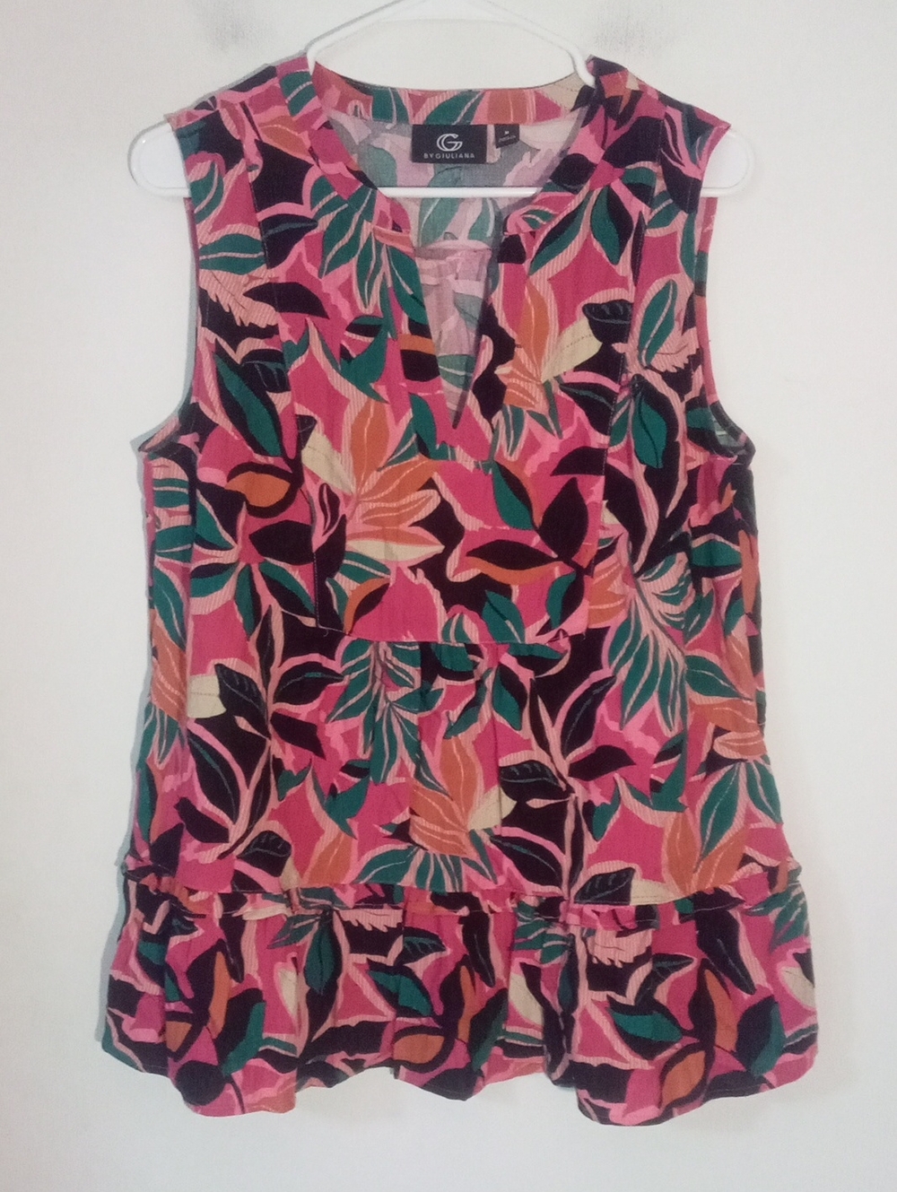 G By Giuliana Pink Tropical Leaf Ruffled Sleeveless Tunic Medium New NWOT